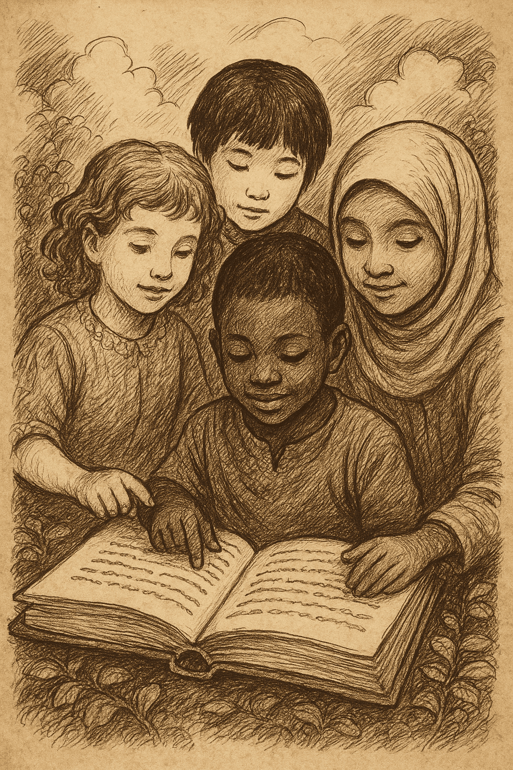 Illustration of diverse children reading together in a magical setting